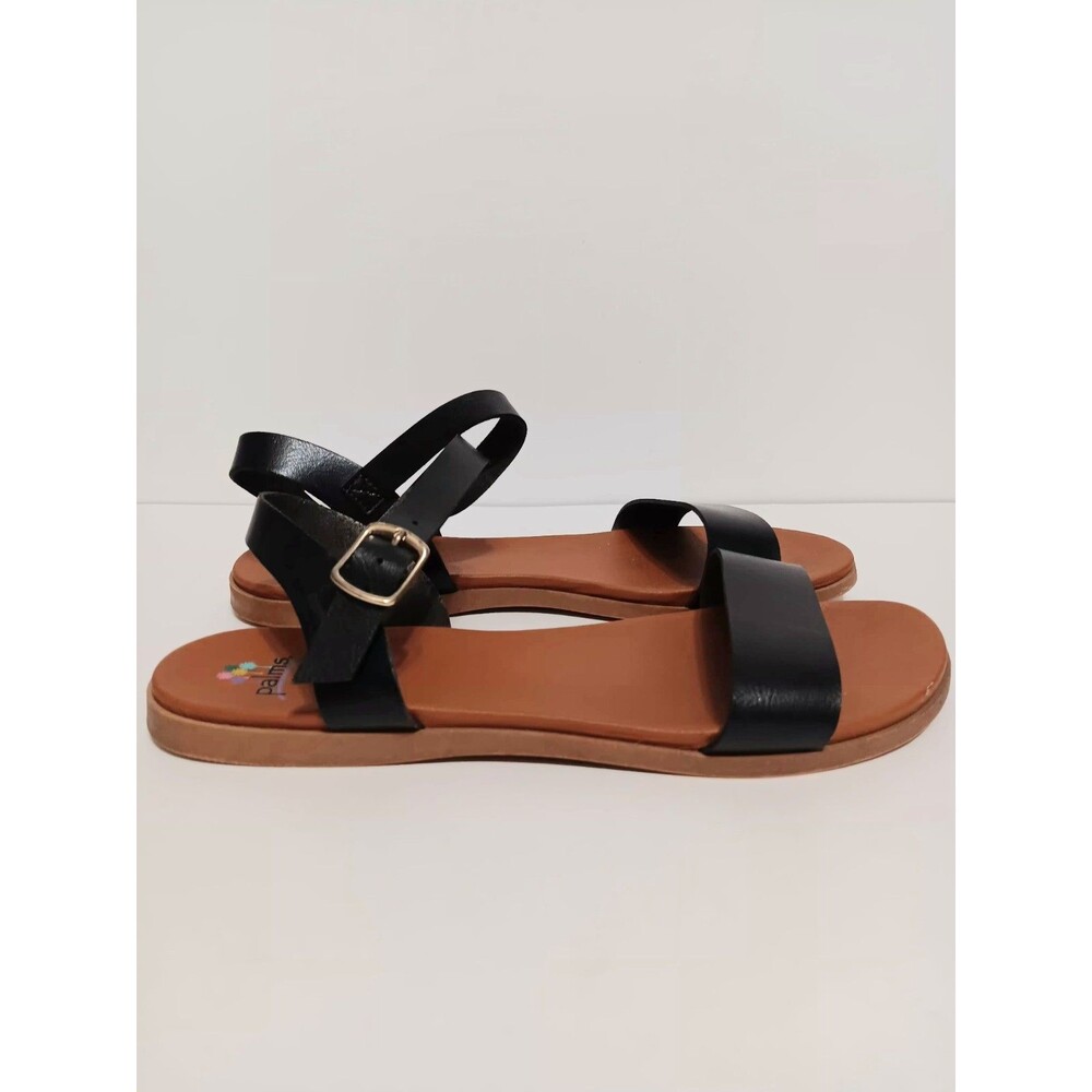 Palms Black Faux Leather Flat Strap Sandals Women's Sz 8M